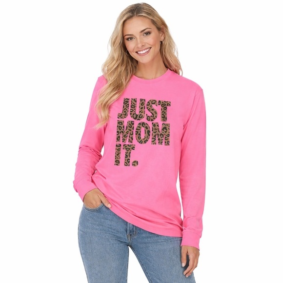 Comfort Colors Tops - Comfort Colors Neon Pink Just Mom It Cheetah Long Sleeve T-Shirt